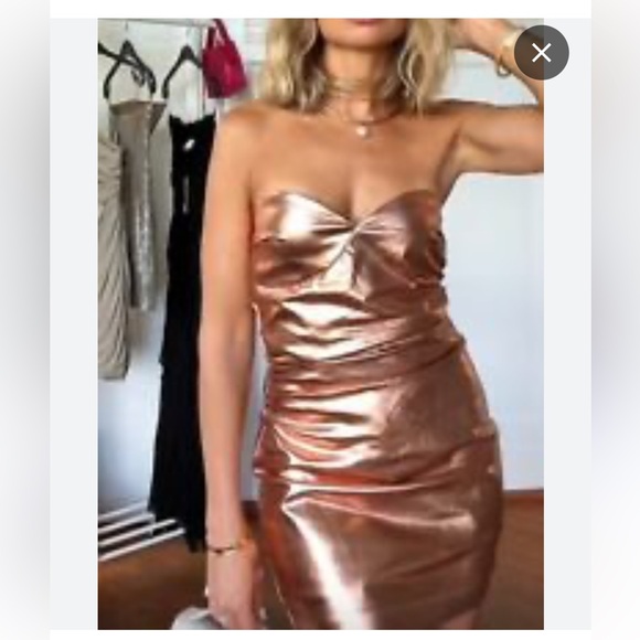 Zara NWT rose gold metallic sweetheart ruched faux leather patent mini dress - Picture 11 of 12